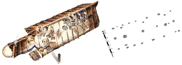 Bild på modell av ett bronsåldershus.