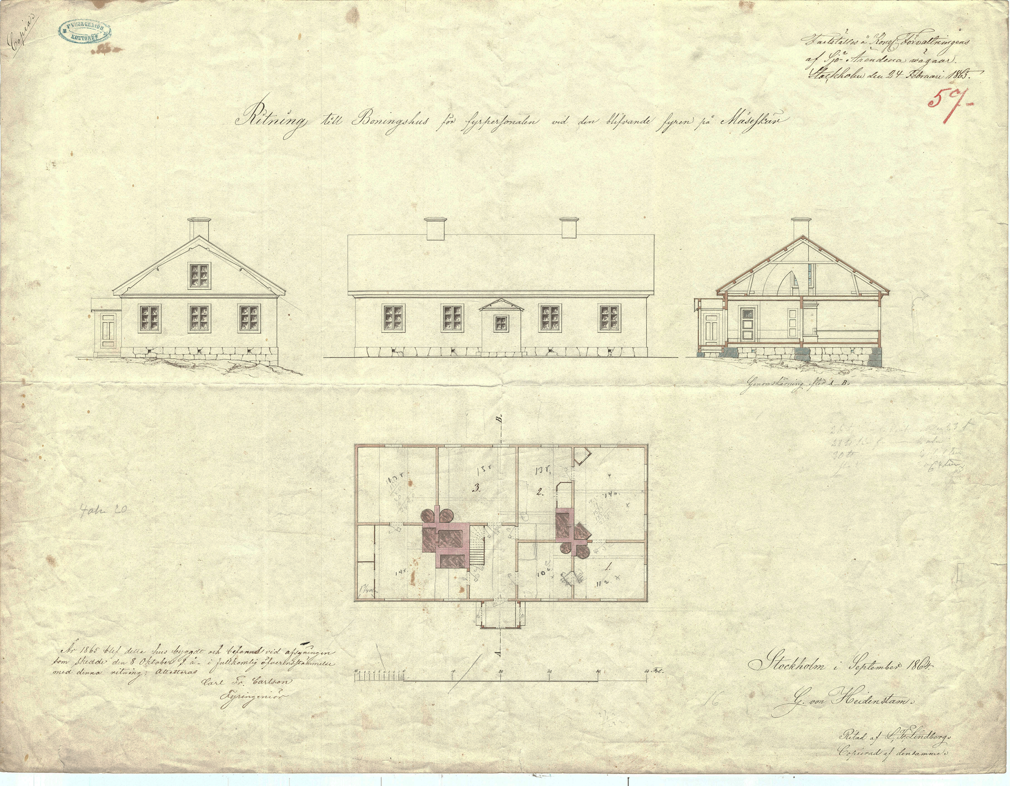 Foto av gulnat papper med ritning av bostäderna, framifrån, från gaveln samt planskiss över rumsfördelning.