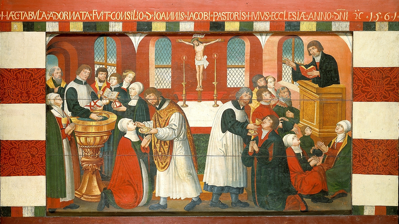 Målning med tre scener där präst och församlingen deltar i dop, nattvard och predikan.