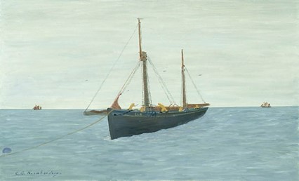 Målning. med havsmotiv. På en tvåmastad båt skymtar man fem gulklädda män. 