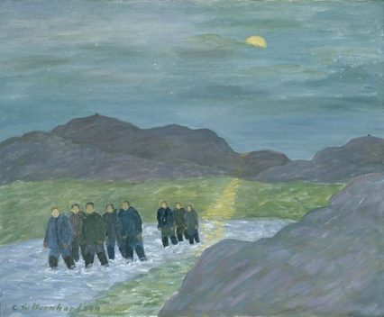 Målning. Månen lyser på en bäck med åtta vadande män i mörka kläder.