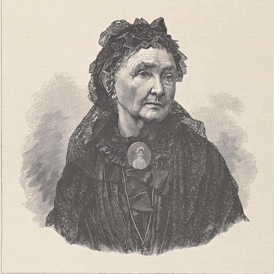 Teckning. Halvporträtt av en svartklädd åldrad kvinna med vemodig blick.