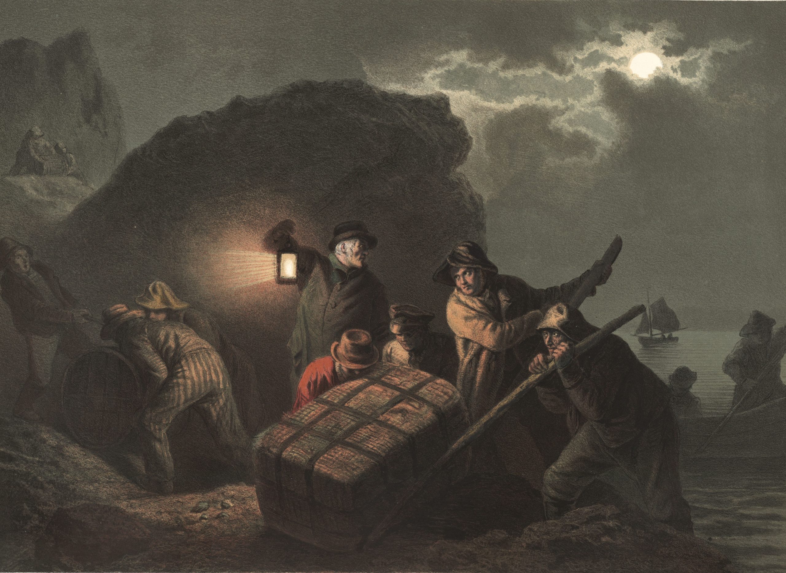 ålning. I ljuset av en lykta gömmer sex smugglare sitt smuggelgods i en klipphåla. På redden utanför väntar en båt i den mörka natten.