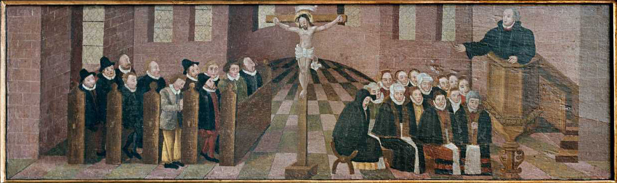 Målning med kyrkointeriör. Prästen står i predikstolen, kvinnorna och männen sitter på var sida om ett krucifix