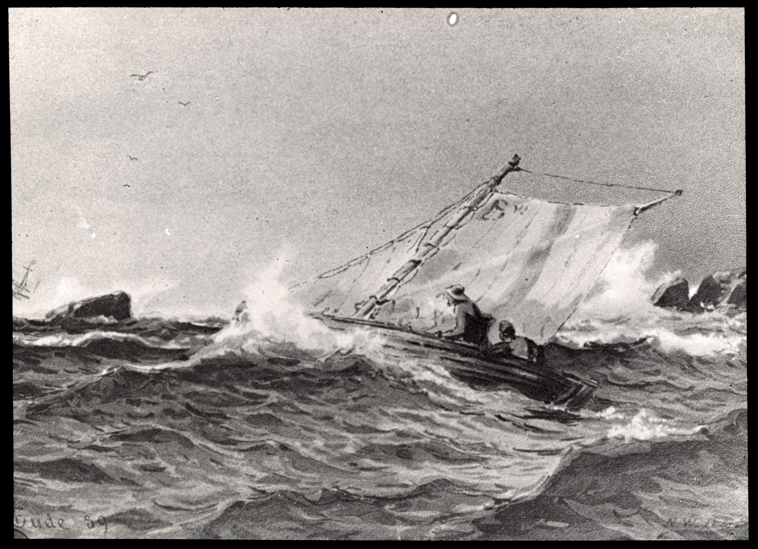 Svartvitt foto av målning. En starkt lutande segelbåt med med två män i höga vågor.