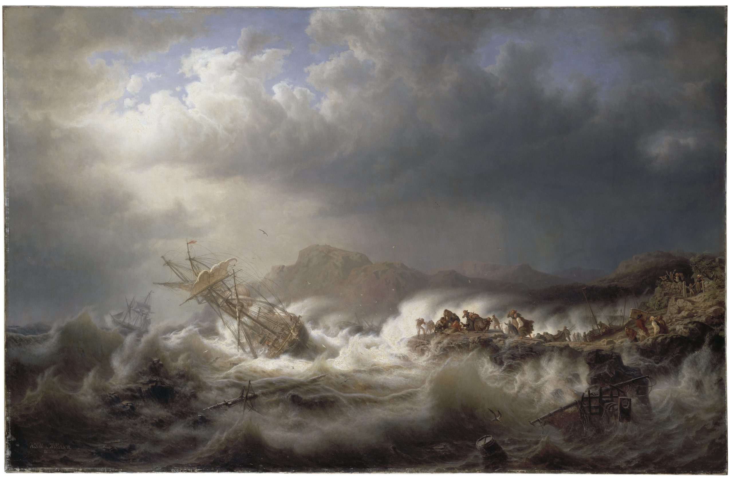 Oljemålning. Stormigt hav med ett övergivet lutande skepp. På en klippa intill räddar ett tiotal kvinnor och män de skeppsbrutna sjömännen.