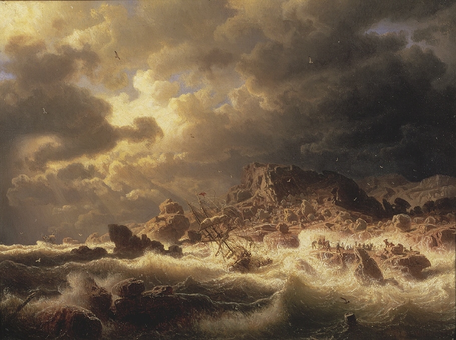 Oljemålning.Stormande hav med lutande skepp. Ett tjugotal personer har räddat sig upp på en klippa.