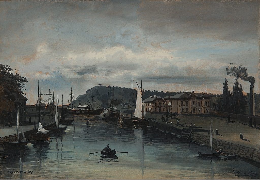 Målning. Uddevalla hamn med fartyg, en roddbåt samt Kampenhof bomullsspinneri med rykande skorsten, målat i mörka färger. 