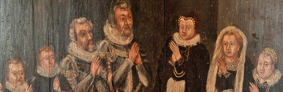Detalj av målning med fyra män och tre kvinnor i pipkragar med knäppta händer.