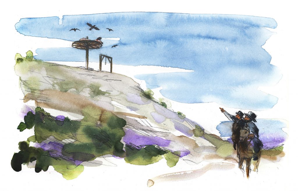 Akvarell i grå, blå och gröna färgnyanser med inslag av lila. Två ryttare passerar ett kalt berg, den ena pekar upp mot berget. Där står ett stegel med något ovanpå, intill står en galge, ovanför cirklar stora fåglar.