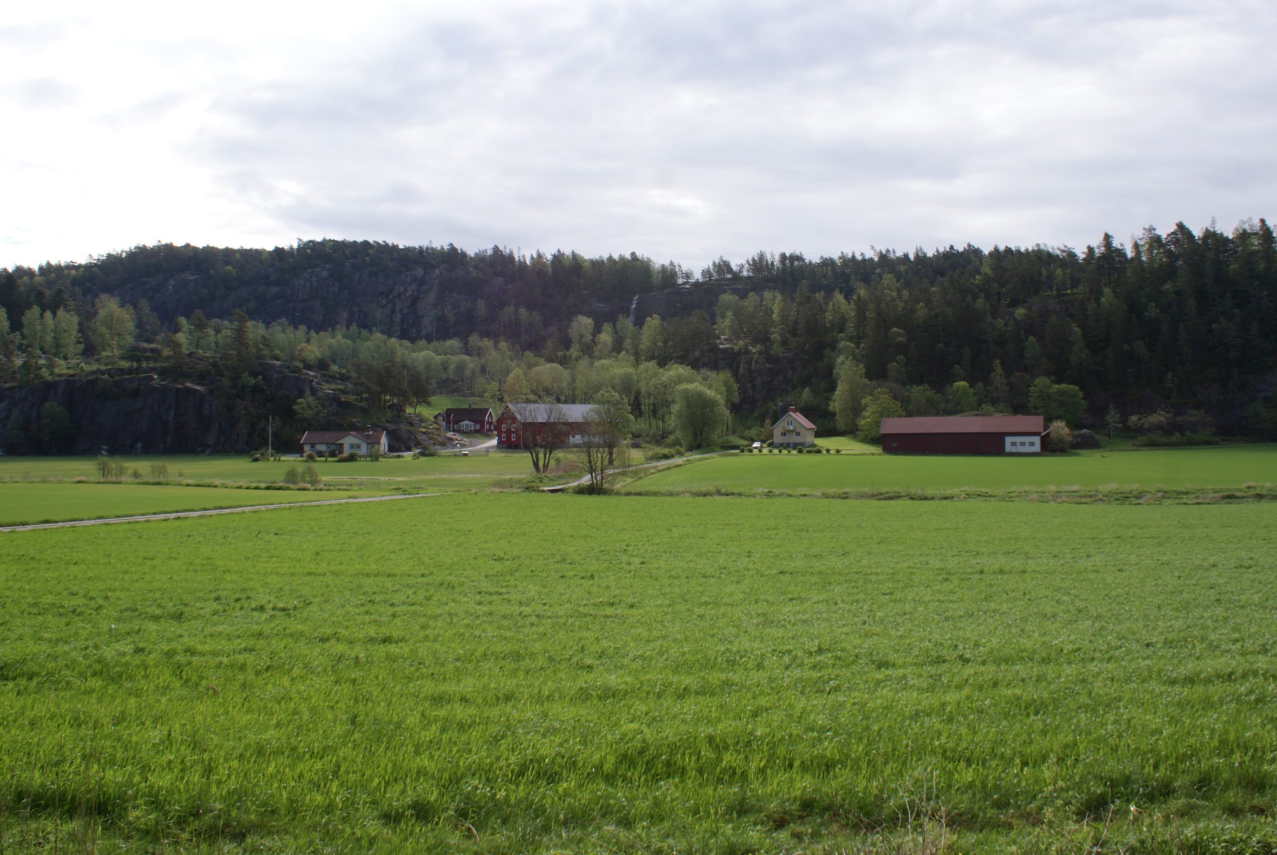 Foto. Gårdsbebyggelse mellan odlingsmark och berg.