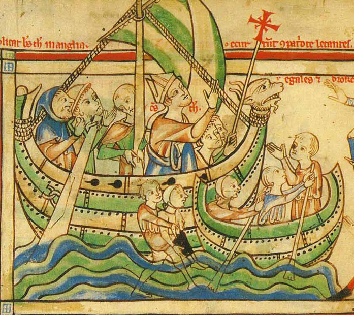 Illumination i handskrift. I ett skepp med segel och drakhuvud finns sex män. I en mindre skuta bredvid finns två vuxna och ett barn.