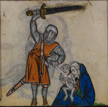 Miniatyrbild ur handskrift. En man i rustning höjer sitt svärd över en person som håller ett litet naket och sårat barn.
