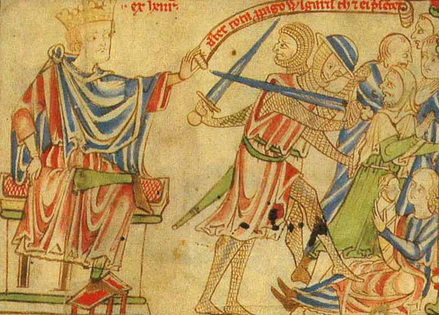  Illlumination från handskrift. En kung sitter på en tron bredvid soldater med svärd framför en samling män, kvinnor och barn.