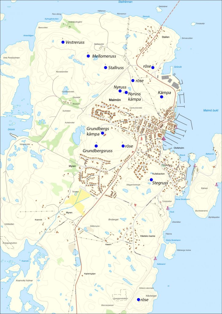 Karta över Bohus Malmöns norra halva. Rösenas placering är markerade med blå prickar.