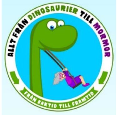 Logotyp med texten "Allt från dinosaurier till mormor" bild på en tecknad dinosaurie i grönt.