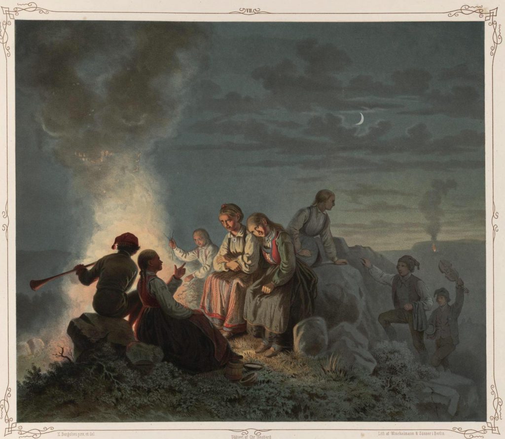 Målning. Sju ungdomar i allmogekläder sitter på ett berg vid en brinnande eld. En blåser i en lur.