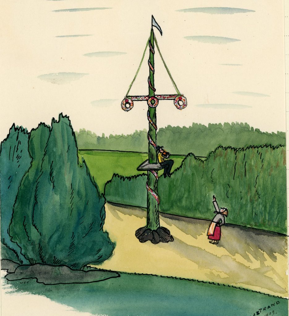 Färglagd teckning. En grönklädd magstång och kransar på korsarmarna är försedd med slingrande band och flagga i toppen. En man har klättrat upp på stången och nedanför står en kvinna i huckle och pekar på stången.