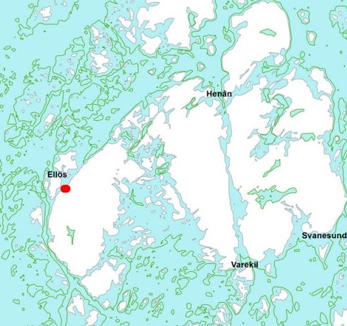 En karta med blått hav och vita landytor. Text markerar Ellös, Henån, Varekil, Svanesund. I kartans vänstra del under texten Ellös finns en röd punkt.