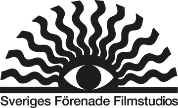 Logotyp Sveriges Förenade Filmstudios. Svartvit, ett öga utifrån de strålande zickzack-streck i en halvcirkel.