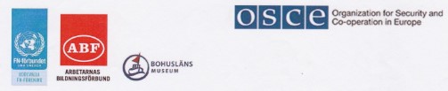Logotyper efter varandra. FN i blått, ABF i rött. Bohusläns museum i blått och rött, OSCE i turkost. 