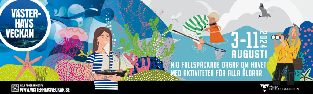 Illustration med havsmotiv och texten: 
Västerhavsveckan. 3-11 augusti 2024. Nio fullspäckade dagar om havet med aktiviteter för alla åldrar. 