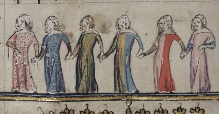 Sex personer i långa dräkter håller varandra i hand.