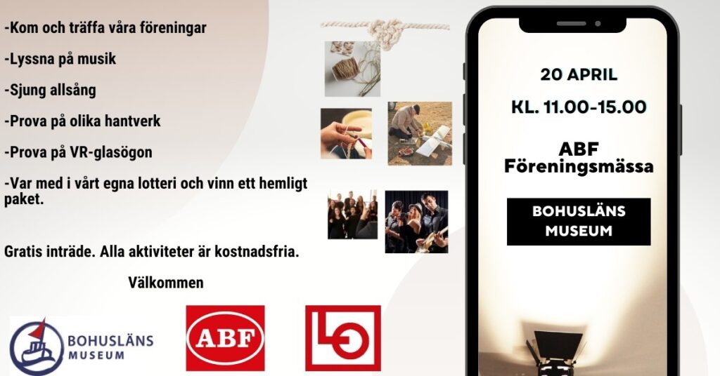 Flygblad med eventtexten ovan samt logotyper ABF, LO och Bohuslänsmuseum.