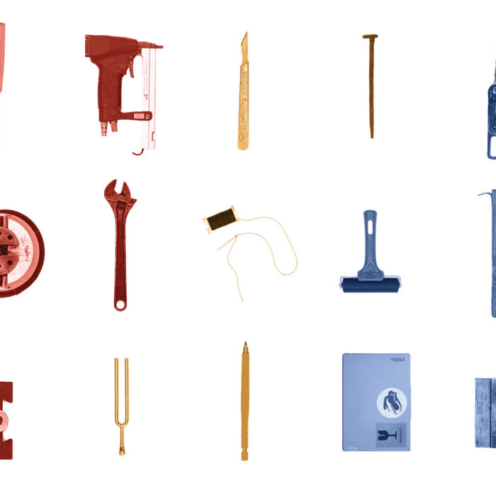 Collage of various tools in different colors in front of a white background.