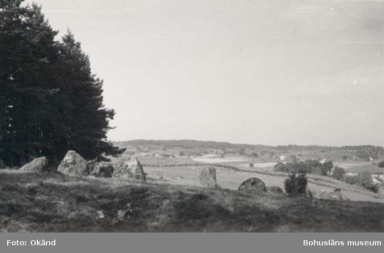 Svartvitt foto med klumpstenar i förgrunden och utsikt mot berg långt borta.