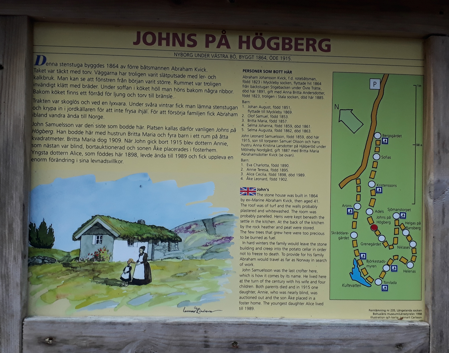 Färgfoto av informationsskylt med text och bild. Rubriken på skylten är: Johns på Högberg.