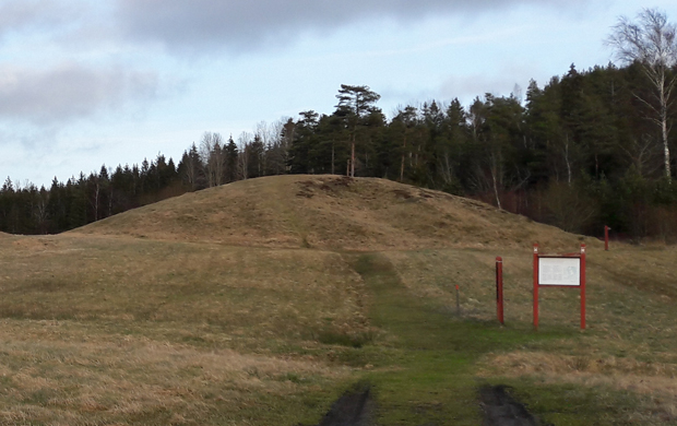 Färgfoto med en stor grästäckt hög och en informationsskylt. Skog i bakgrunden.