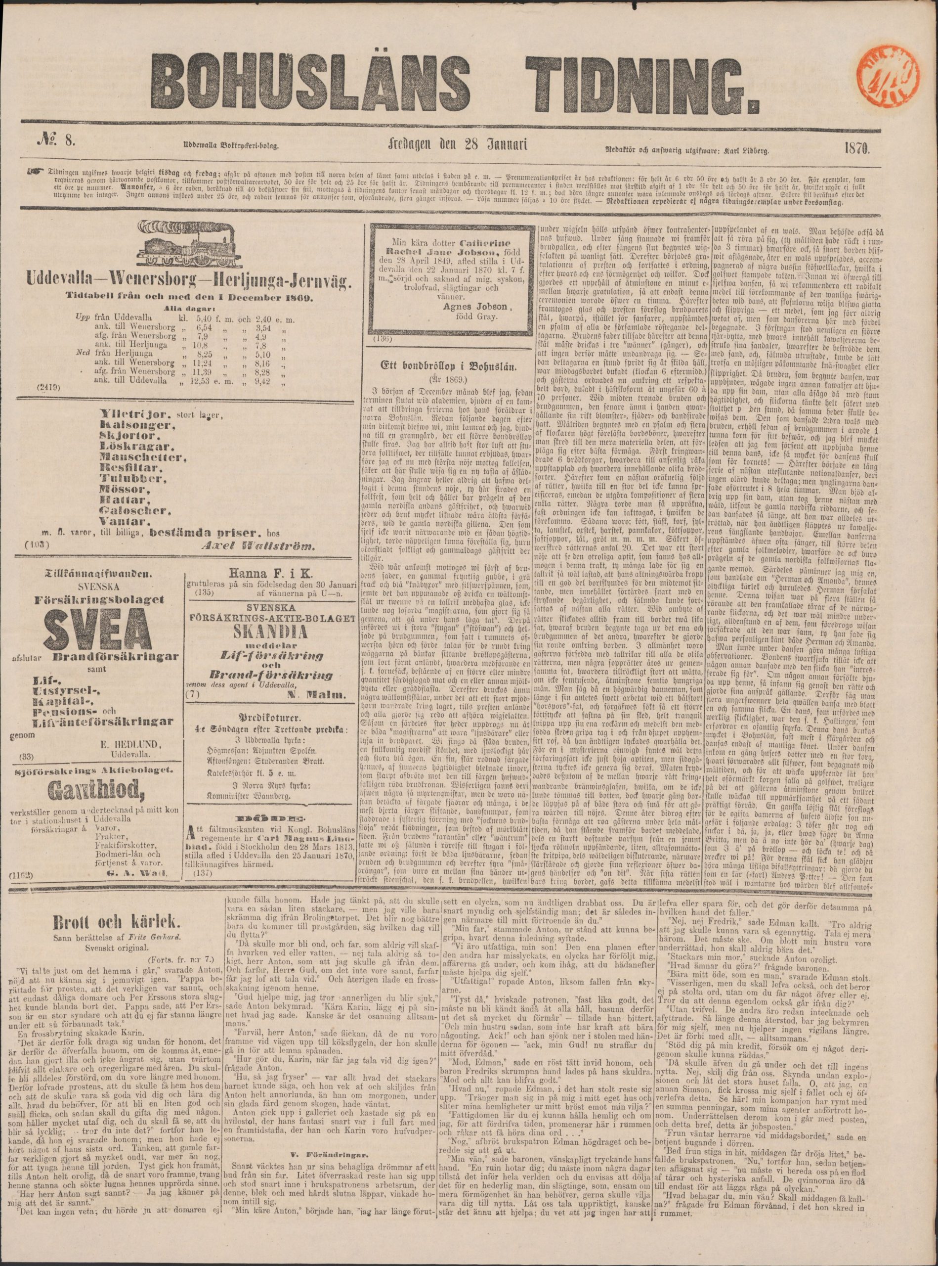 Gulnad tidningssida med text om ett bondbröllop i Bohuslän.