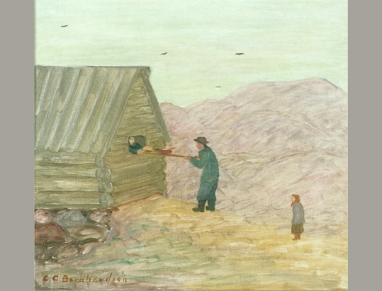 Målning visar en man som skjuter in en spade med mat genom en glugg till en person inne i en timrad stuga.