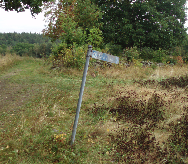 Färgfoto på stolpe med avskavd blå metallskylt med texten Gravfält.