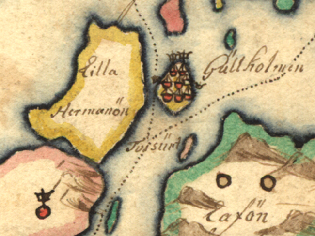 Detalj av handritad karta på gulaktigt papper med färglagda symboler och konturer på öar av med mera.