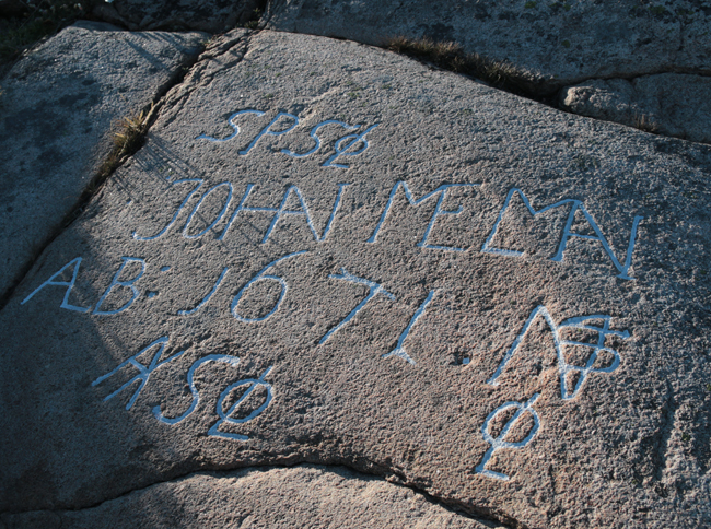 Färgfoto på berghäll med ristningar som är belysta från sidan vilket gör att de ser ut att stiga upp ur berget.