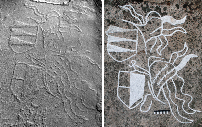 Två färgfoton som visar den grå berghällen med samma inristade sköldar på båda.