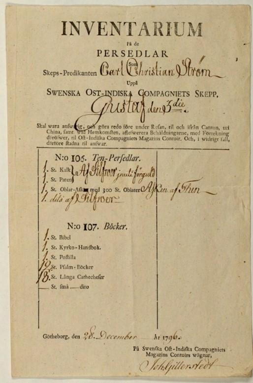 Gulnat dokument med inventarieförteckning,