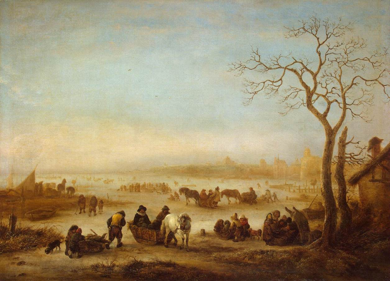 Målning av ett vinterlandskap. Många människor och flera slädar syns på isen.