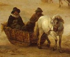 Detalj av målning. En man med hatt och pipkrage sitter i släde som dras av en vit häst.