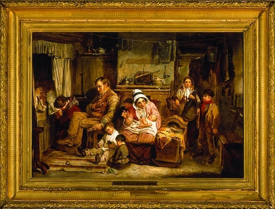 Målning av interiör med en sörjande familjegrupp i allmogemiljö.