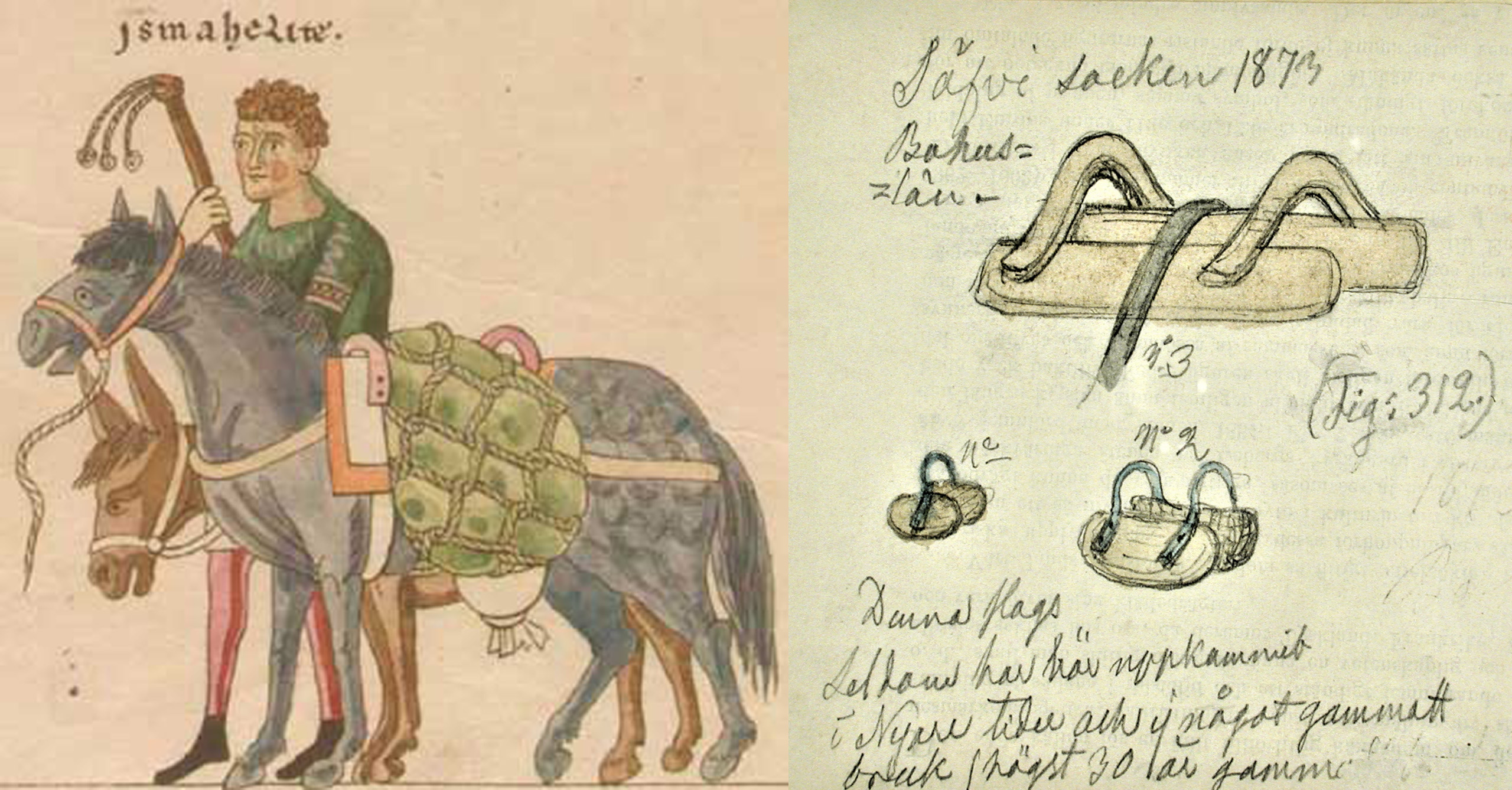 Måleri av en man och häst med nedhängande packkorgar tvärs över ryggen samt en teckning av en enkel sadel med träplattor sammanlänkade med byglar av trä. Dessutom några mindre sadlar med skinnbyglar.