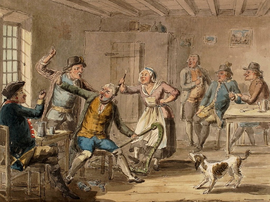 Akvarell av kroginteriör med synliga takbjälkar. En man blir slagen och hans harpa är trasig. Kvinna i förkläde med ljus i handen skakar näven och fyra män i knäbyxor, långrock och hatt tittar på.