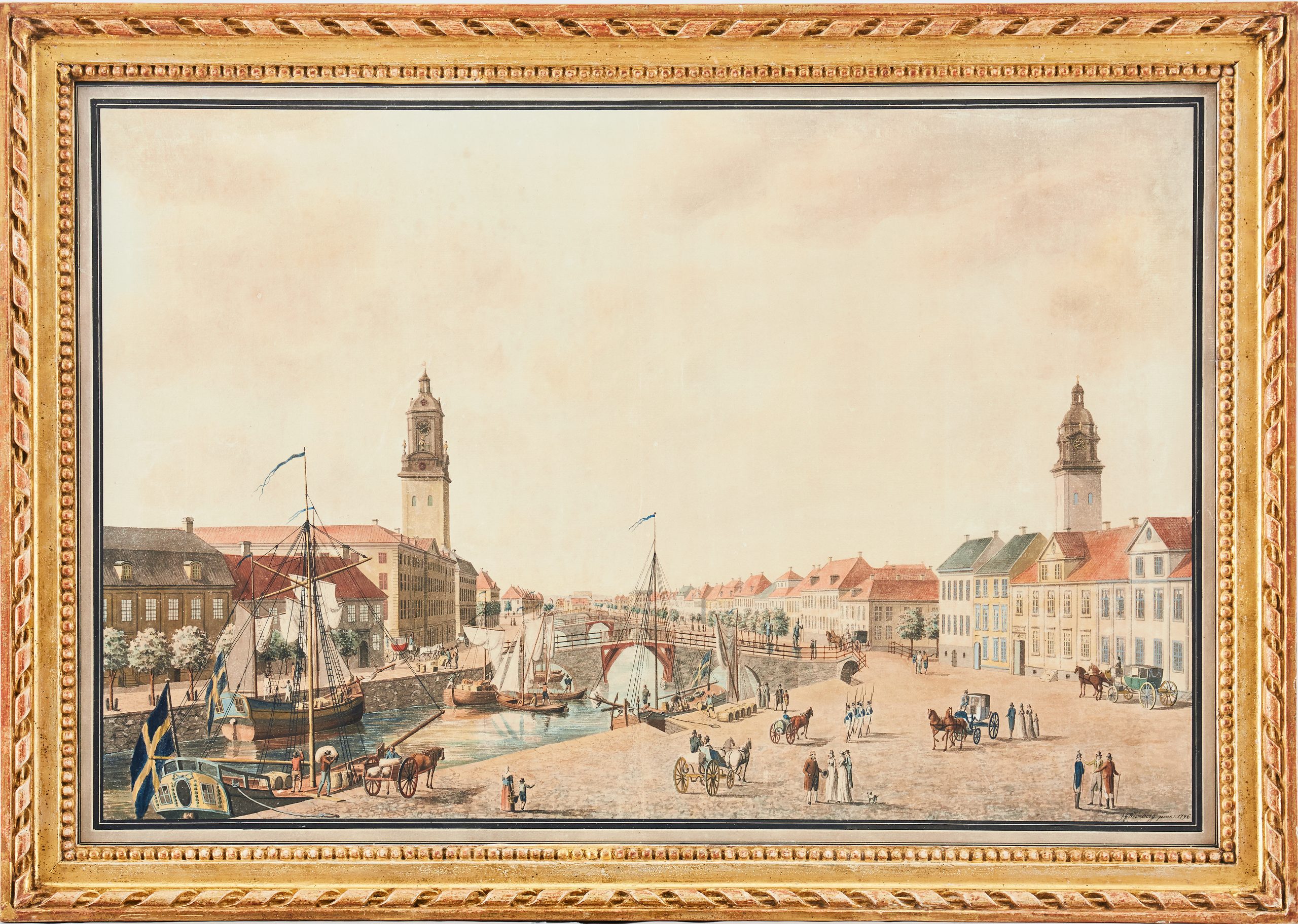 Torg med människor vid en stor kanal som omges av hus och ett par kyrkor. Tavla med ram.