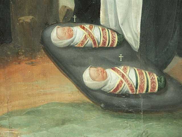 Målning med två döda barn klädda i vita svep och röda dekorerade lister..