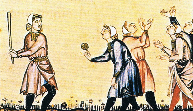 Måleri av fem män som spelar boll iförda knälånga särkar. Deras blonda lockar hålls på plats av vita små hättor. En av männen håller i ett slagträ.