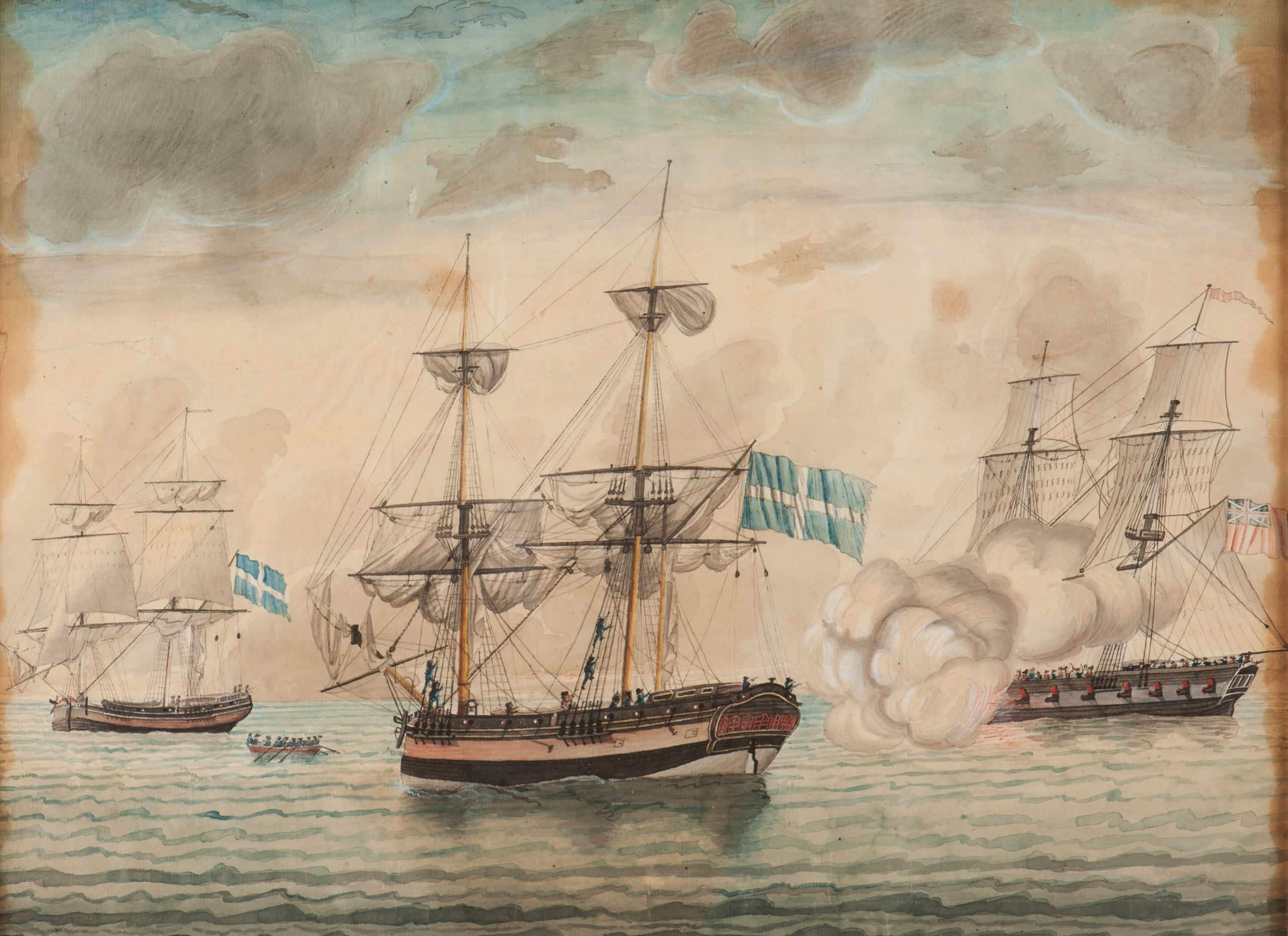 Målning.Två skepp under attack från ett tredje skepp