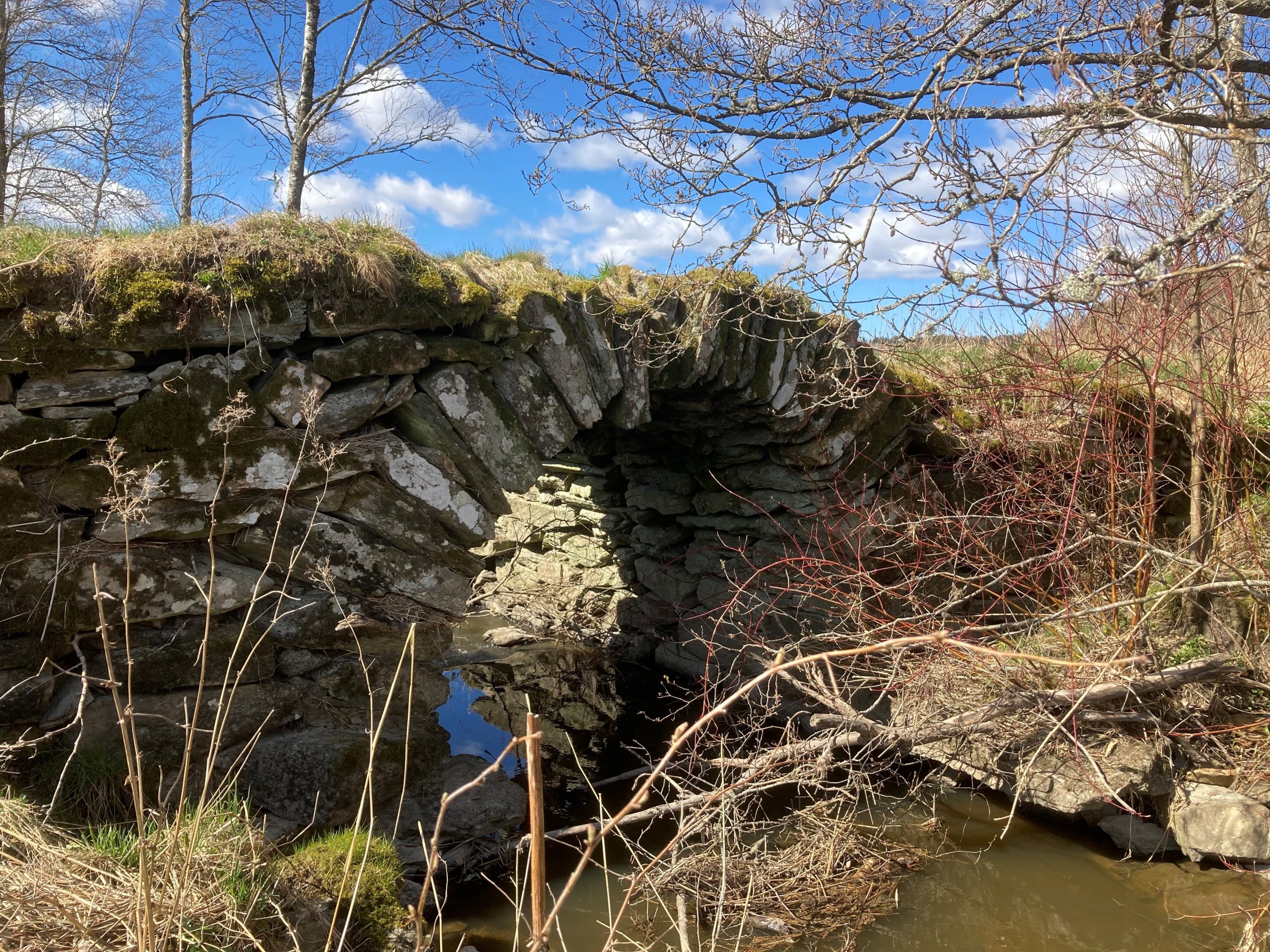 Färgfoto av en välvd stenbro.