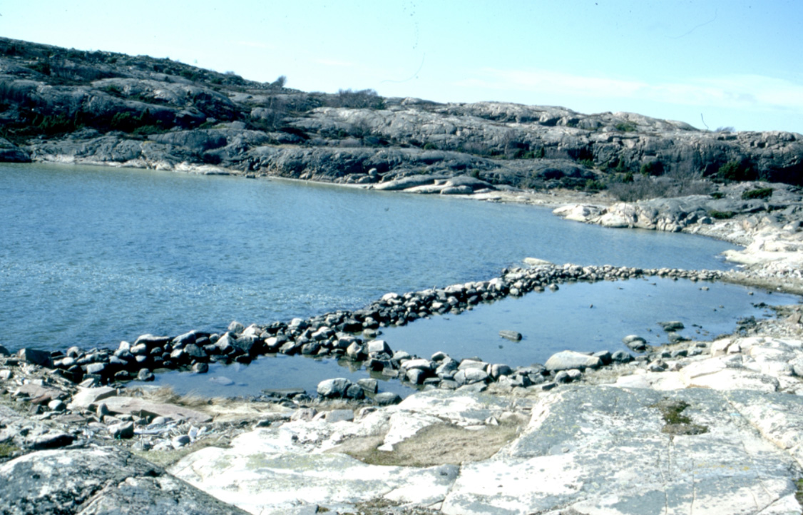 Färgfoto över havsvik med två stenmursavgränsade dammar.